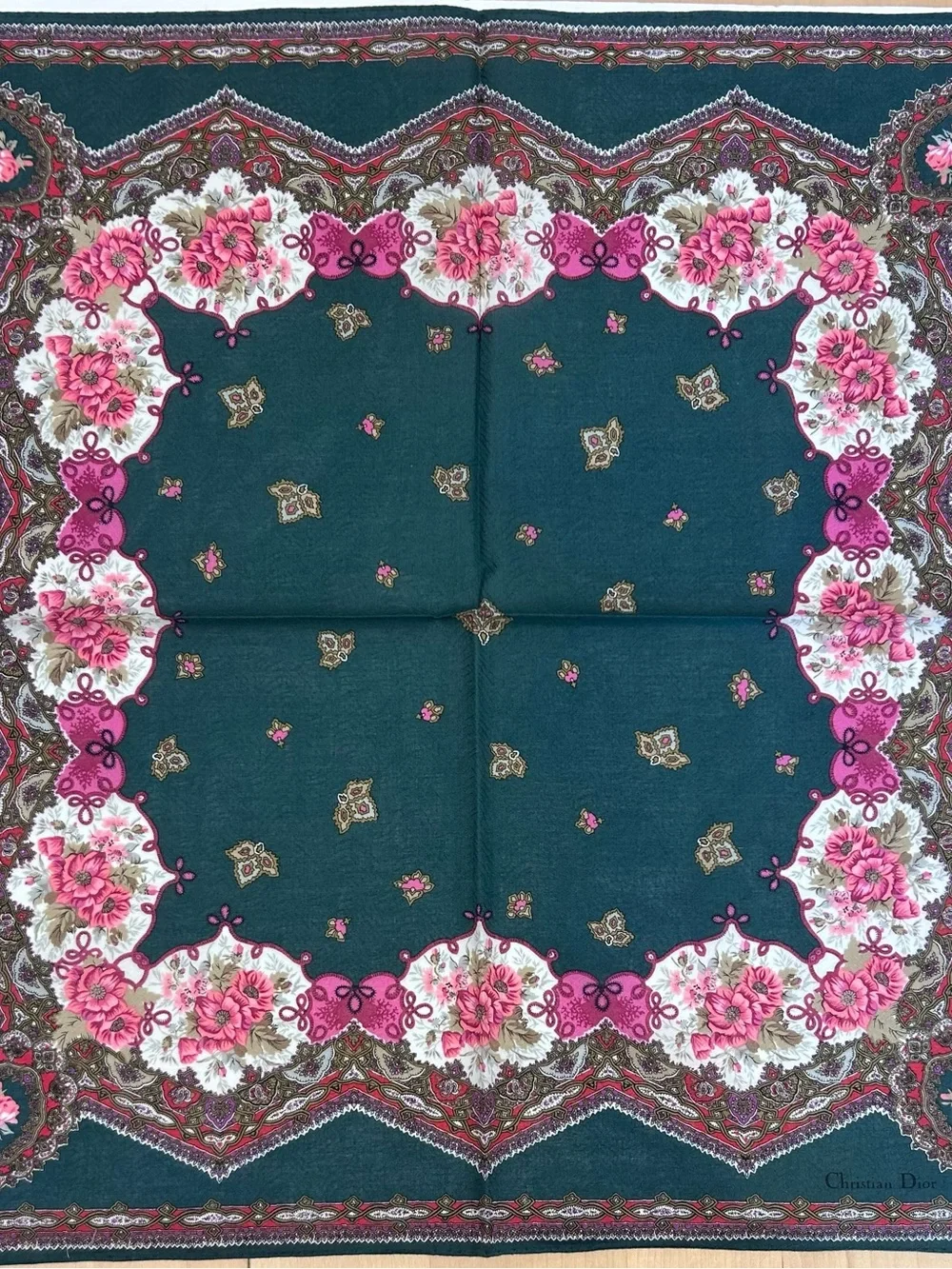 WOMEN HANDKERCHIEF CHRISTIAN DIOR Floral Green Pink Bandana Scarf COTTON 20”